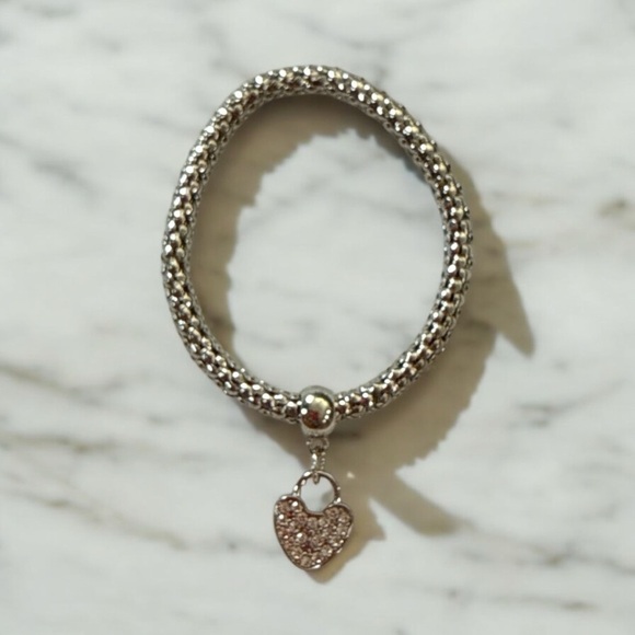 Designer Inspired Mesh Stretch Bracelet Set w/ Crystal Heart Charm Tri-Color Set - Picture 3 of 6